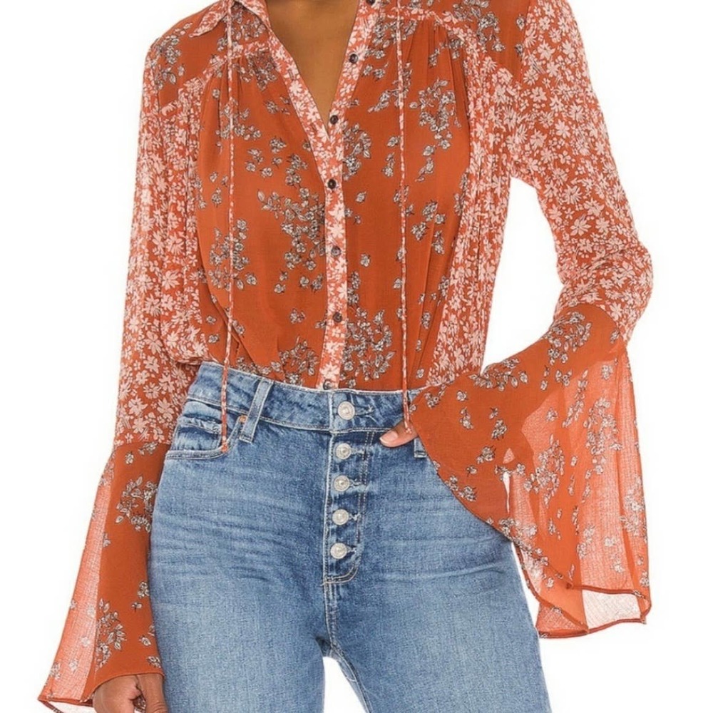 Free People Serena Floral Rust Printed Semi-Sheer Flowy Blouse